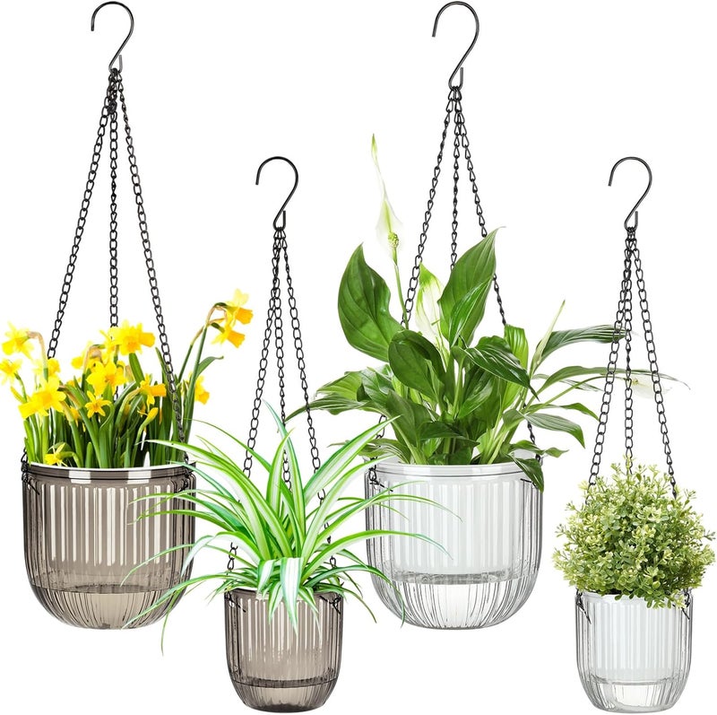 Maxcheck 4 Pcs Self Watering Hanging Planters Indoor Gift 6.5'' 4.5'' Hanging Flower Pots Baskets Outdoor Self Watering Plant with 3hooks Drainage Holes for Home(Grey,Clear) - Image 1